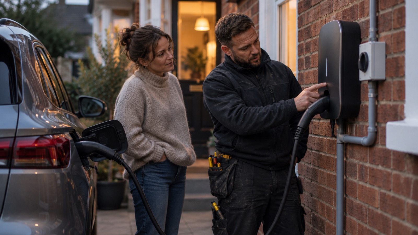An electrician shows a homeowner her new wall charger on the brick front of the house, the car plugged in at dusk.