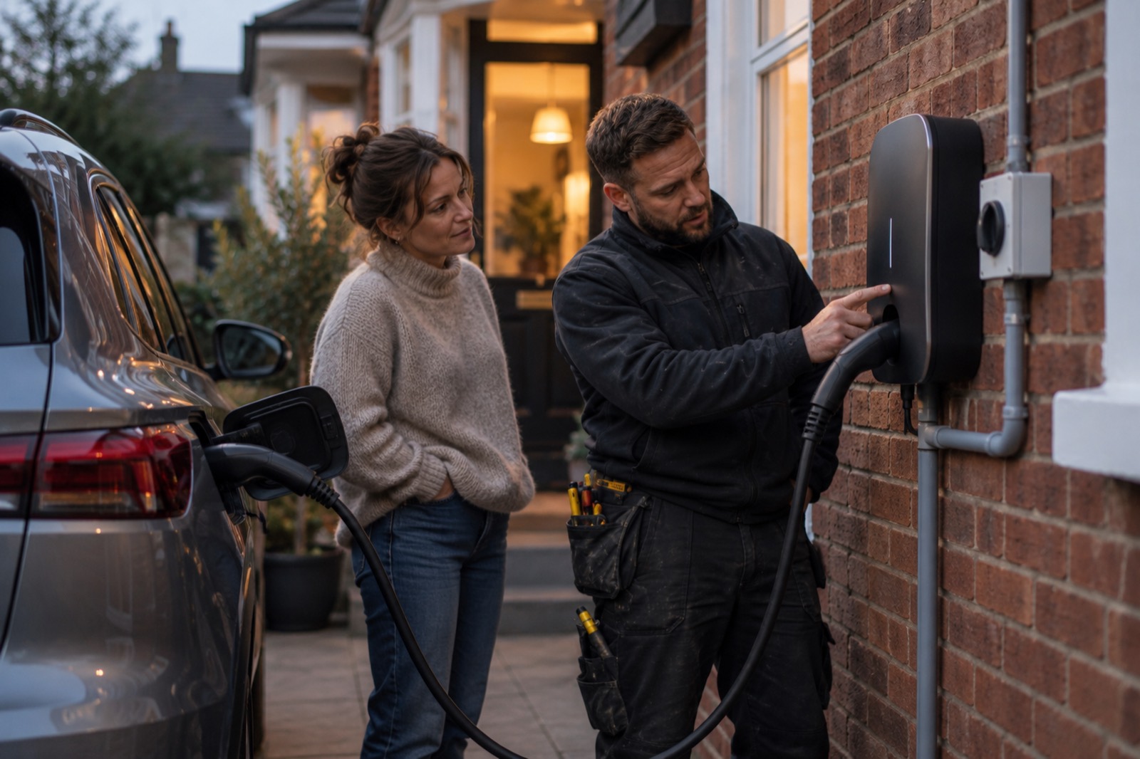 An electrician shows a homeowner her new wall charger on the brick front of the house, the car plugged in at dusk.