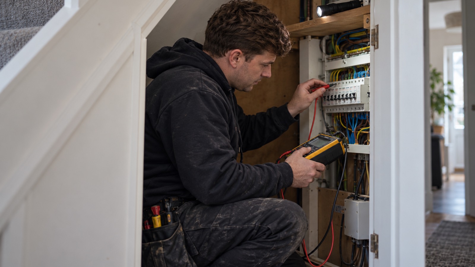 An apprentice testing an under-stairs consumer unit, a torch on the shelf lighting the board.