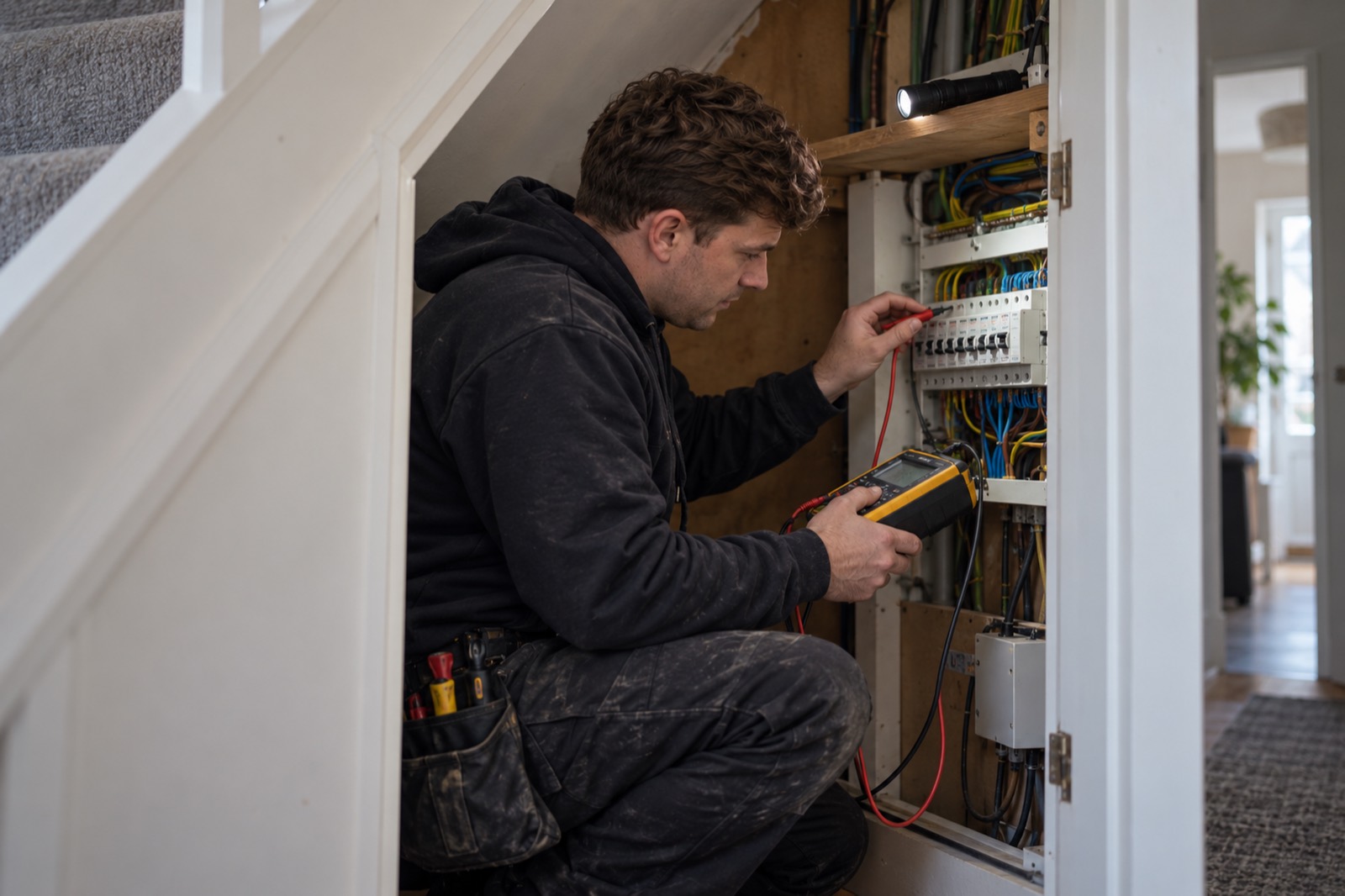 An apprentice testing an under-stairs consumer unit, a torch on the shelf lighting the board.