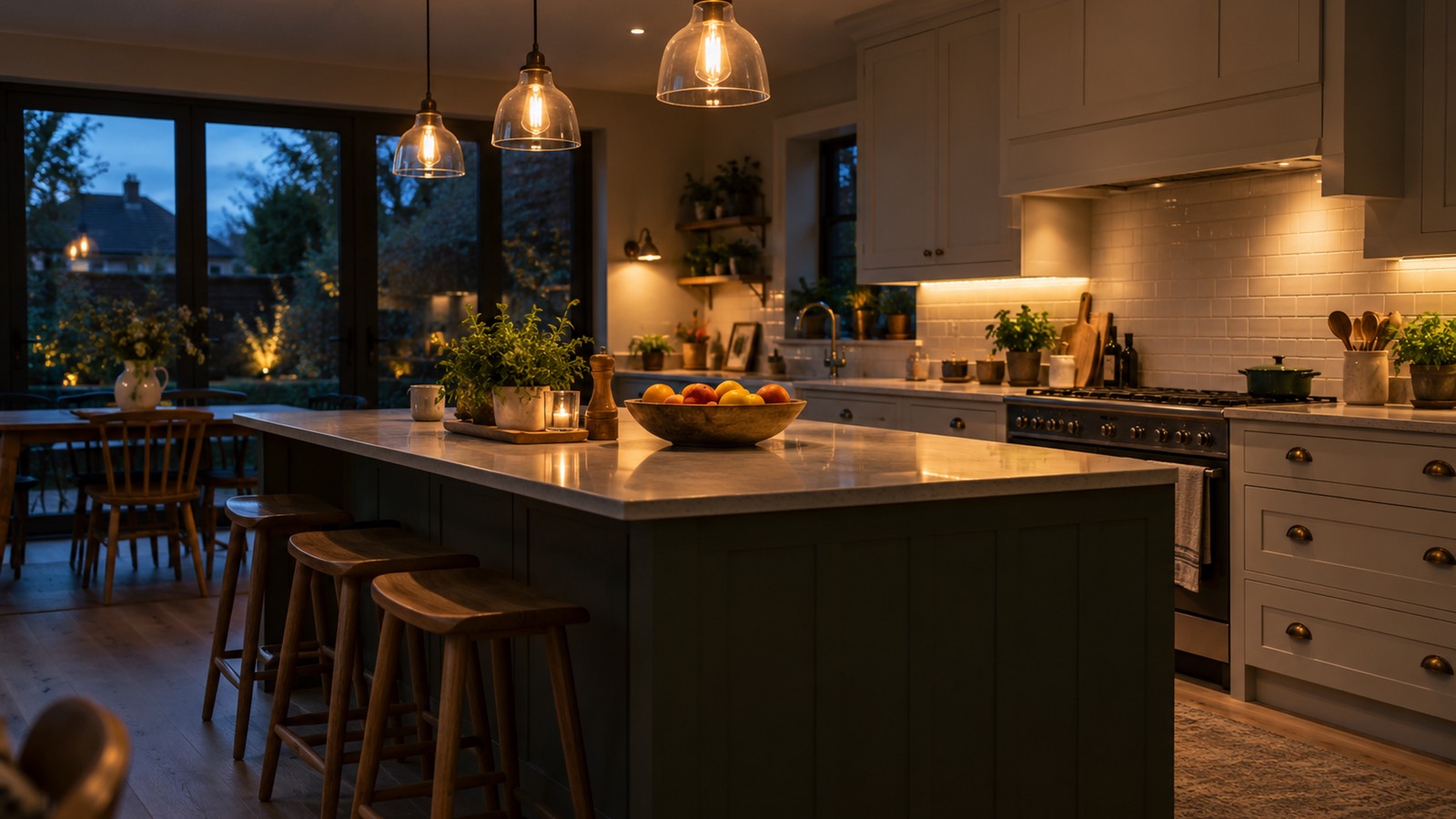 A family kitchen at dusk, warm glass pendants over the island, downlights and under-cabinet lights glowing.