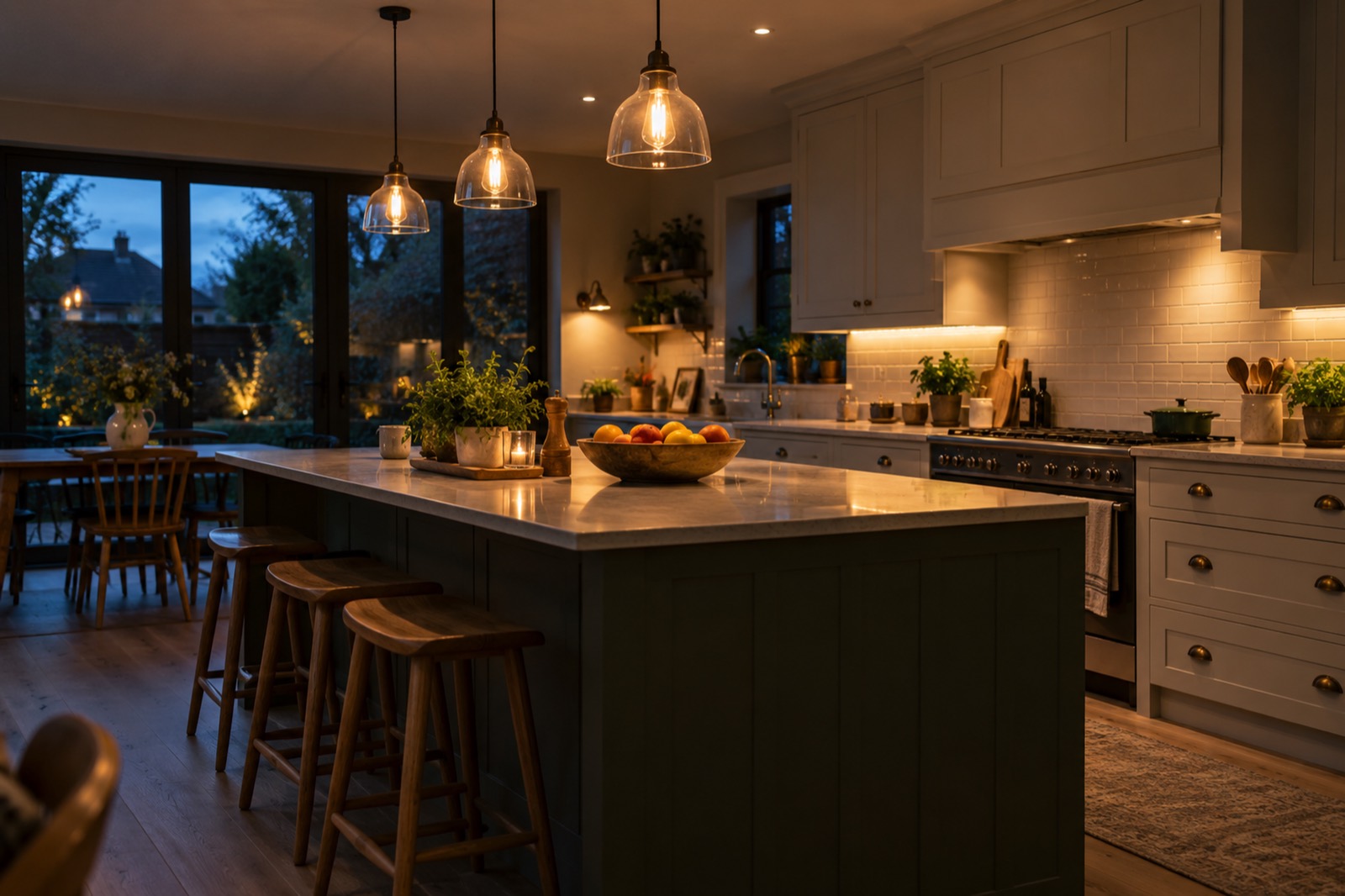 A family kitchen at dusk, warm glass pendants over the island, downlights and under-cabinet lights glowing.