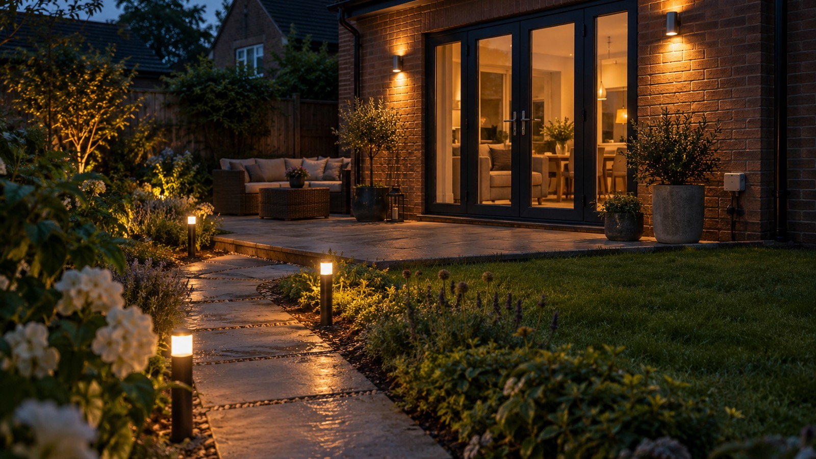A back garden at dusk lit by wall lights beside the patio doors and low lights along a stone path.