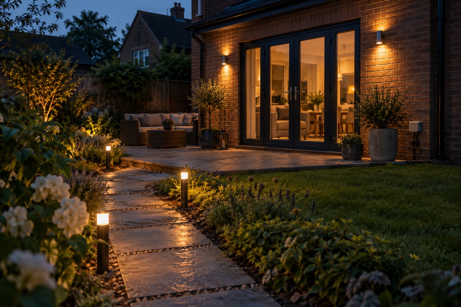 A back garden at dusk lit by wall lights beside the patio doors and low lights along a stone path.