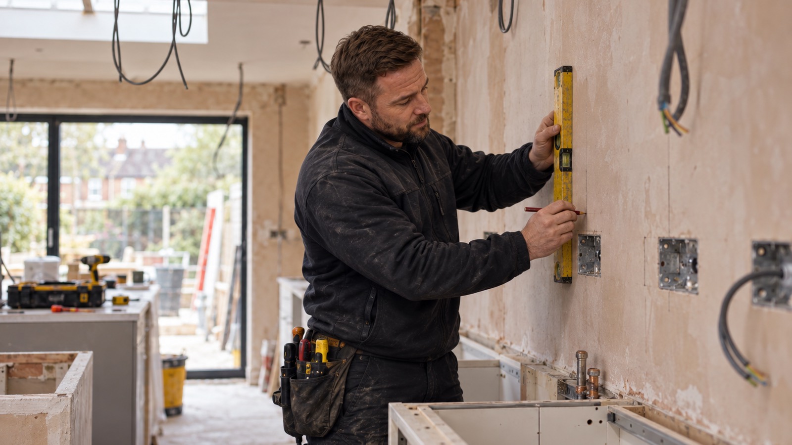 An electrician marking socket positions with a level on the bare wall of a stripped kitchen, cable drops hanging from the ceiling.