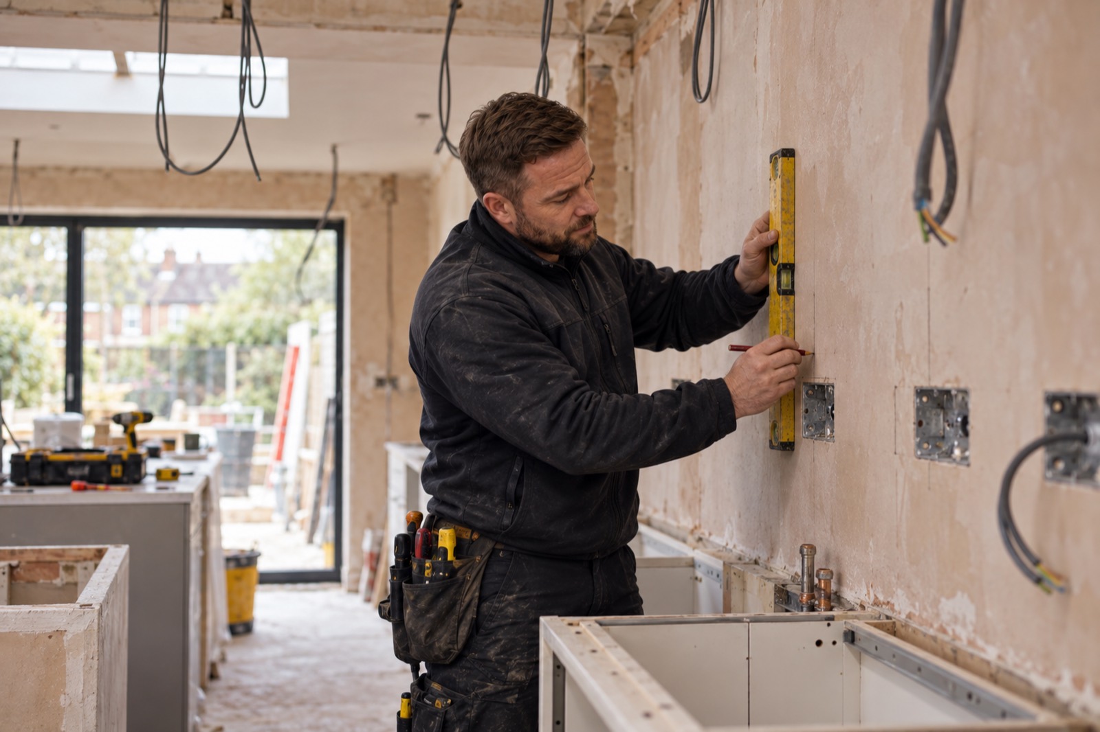 An electrician marking socket positions with a level on the bare wall of a stripped kitchen, cable drops hanging from the ceiling.