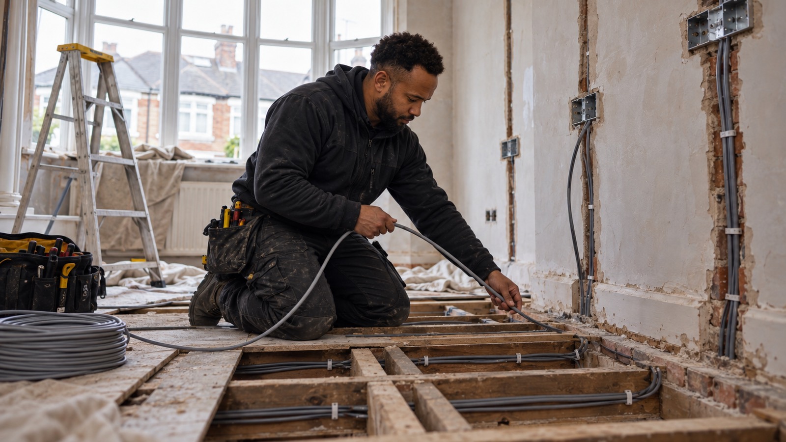 An electrician kneeling among lifted floorboards, feeding new cable along the joists beside chased walls and metal back boxes.