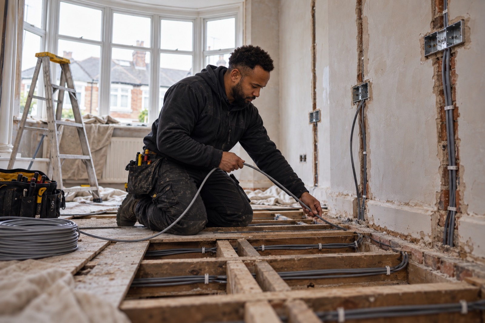 An electrician kneeling among lifted floorboards, feeding new cable along the joists beside chased walls and metal back boxes.