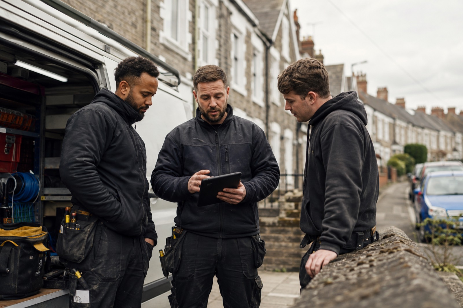 Three electricians talking beside their van on a terraced street, one holding a tablet.