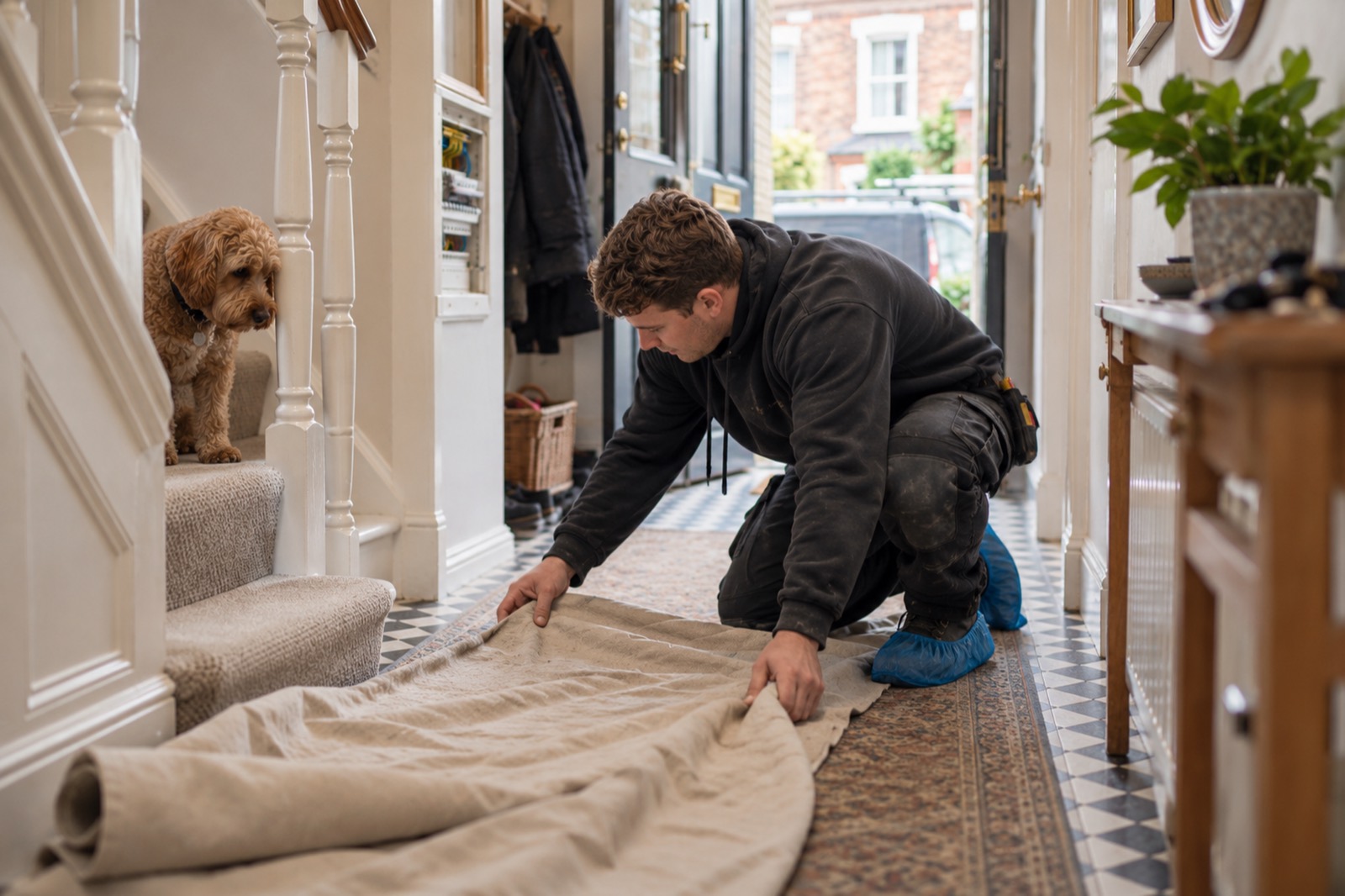 An apprentice in blue shoe covers lays a dust sheet along a hallway runner while the family dog watches from the stairs.