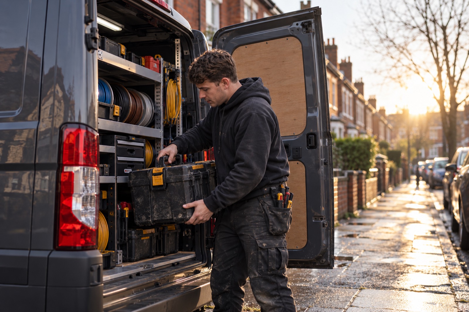 An apprentice lifts a tool case from the racked back of a charcoal van on a wet terraced street at sunrise.