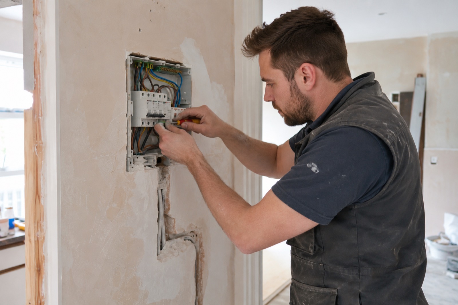 An electrician connecting a small board set into a chased, unplastered wall.