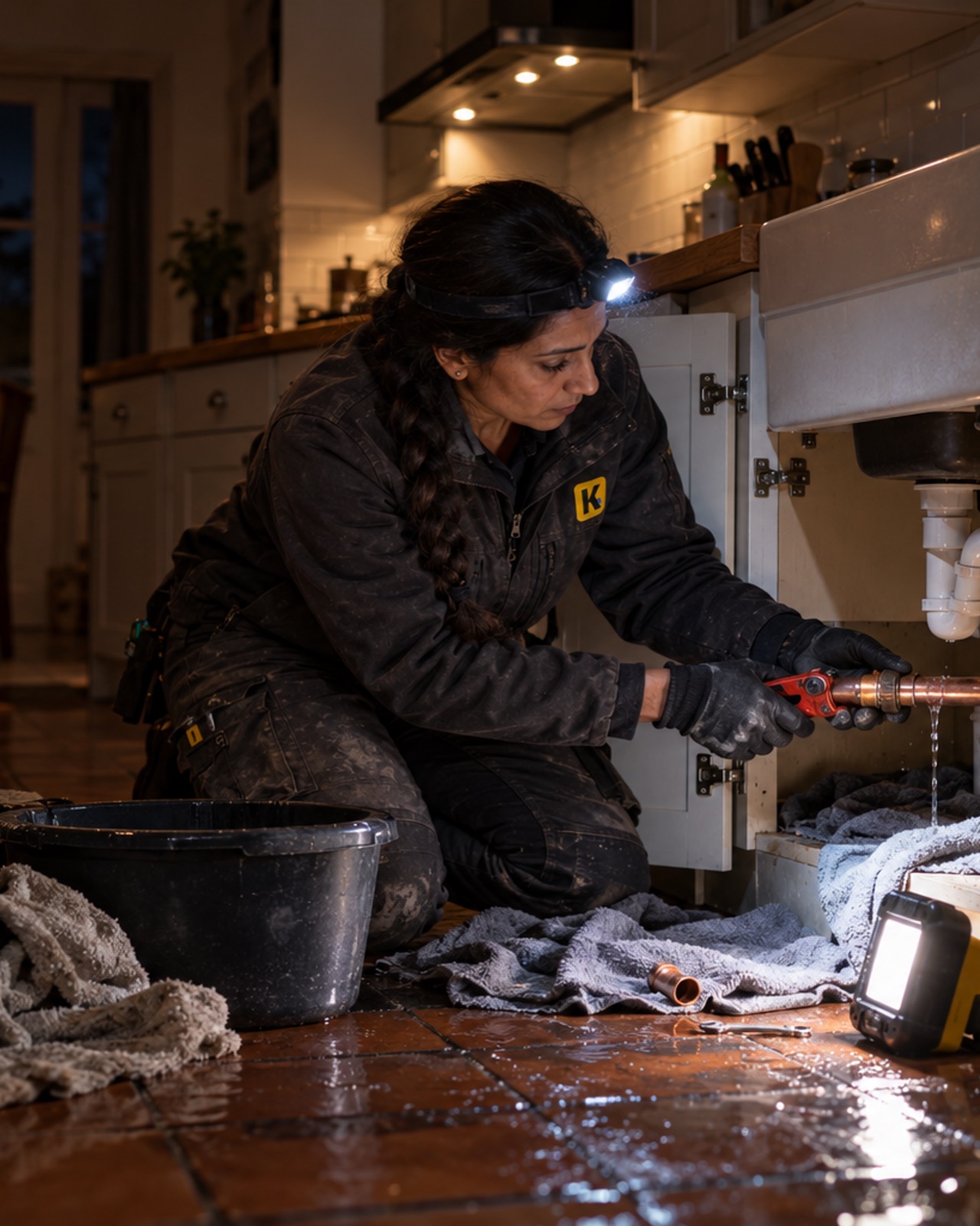 Priya kneeling at an open kitchen-sink cupboard at night by head torch and a small work lamp, cutting out a leaking copper joint, towels down on the wet floor.