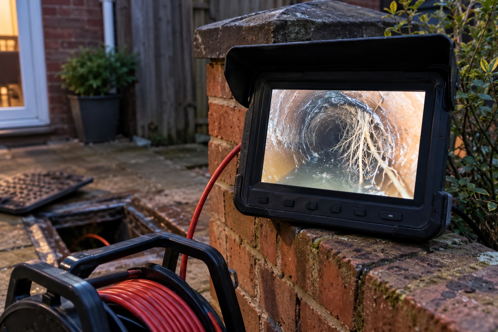 A drain camera's screen propped on a garden wall, showing tree roots grown into the pipe, its red cable running to the open chamber.