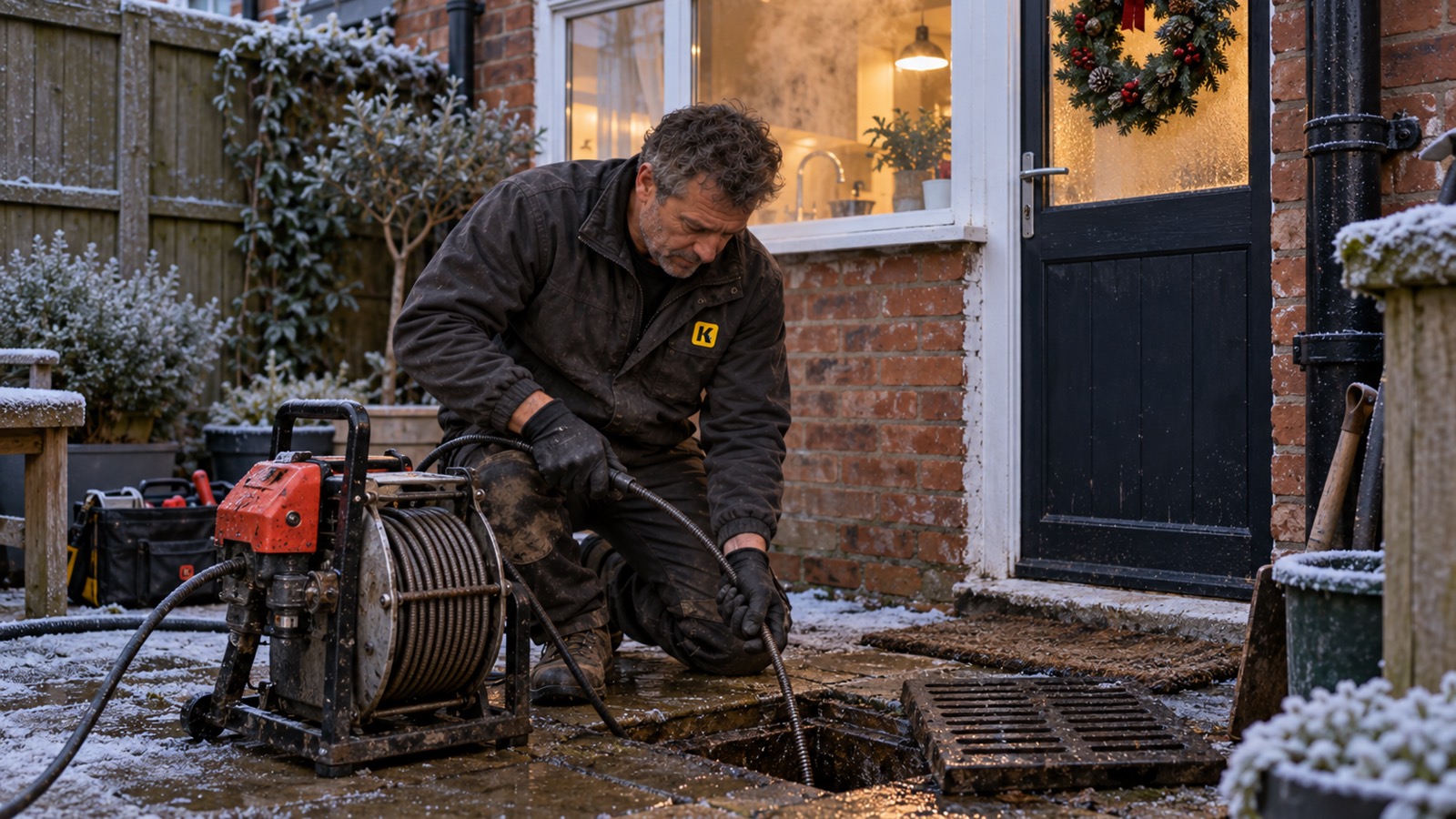 Joe on a frosty Christmas morning clearing an open drain by a back door hung with a wreath, a drain-clearing machine beside him.