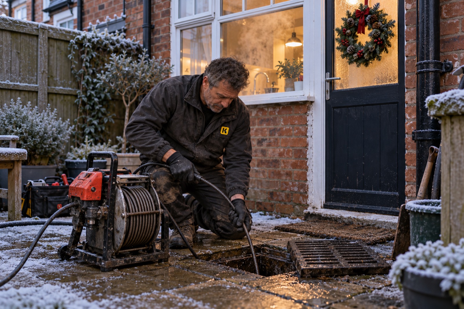 Joe on a frosty Christmas morning clearing an open drain by a back door hung with a wreath, a drain-clearing machine beside him.