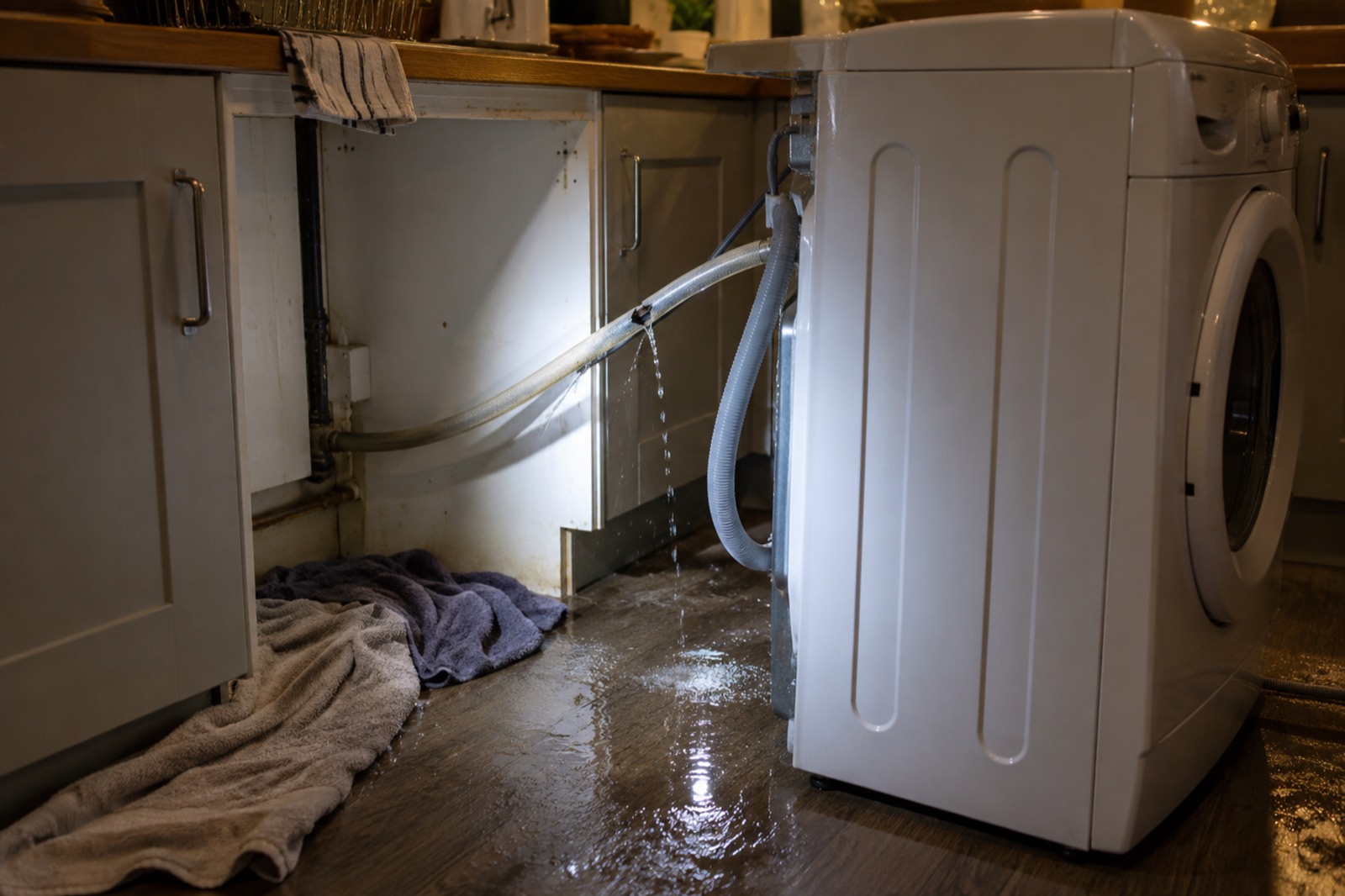 A washing machine pulled out from its space in a dark kitchen, water dripping from its inlet hose and pooled on the floor, towels down.