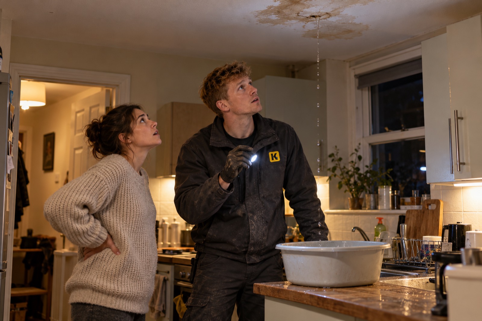 Tom and a young woman in a small kitchen at night, looking up at water dripping from a stained ceiling into a washing-up bowl, Tom shining a torch.