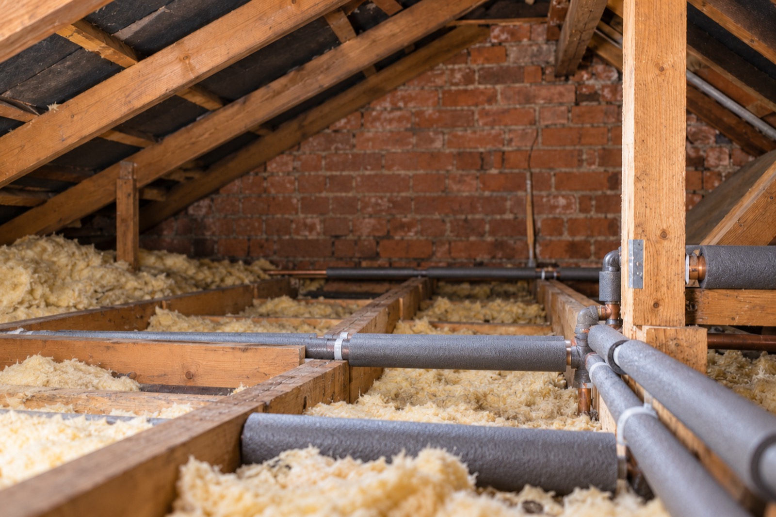 The same loft by day, the new pipework wrapped in grey foam insulation and run along the joists.