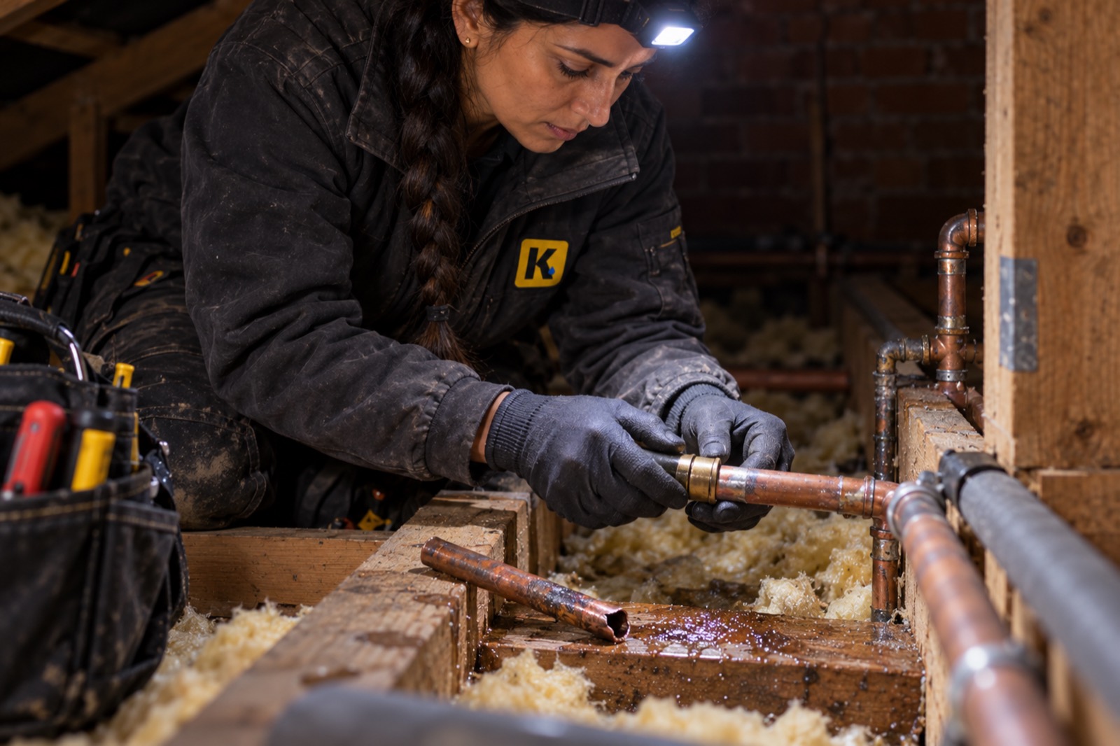 Priya in the loft by head torch, her gloved hands fitting a cap to the cut end of a copper pipe, the split section lying on the joist beside her.