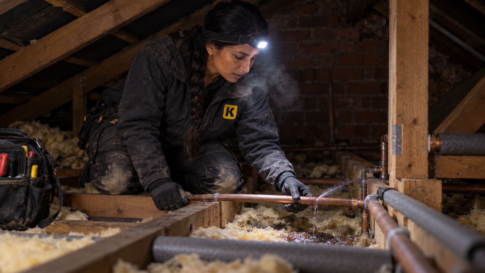 Priya crouched between the joists of a dark loft by head torch, gripping a split copper pipe as water sprays from it into the insulation.