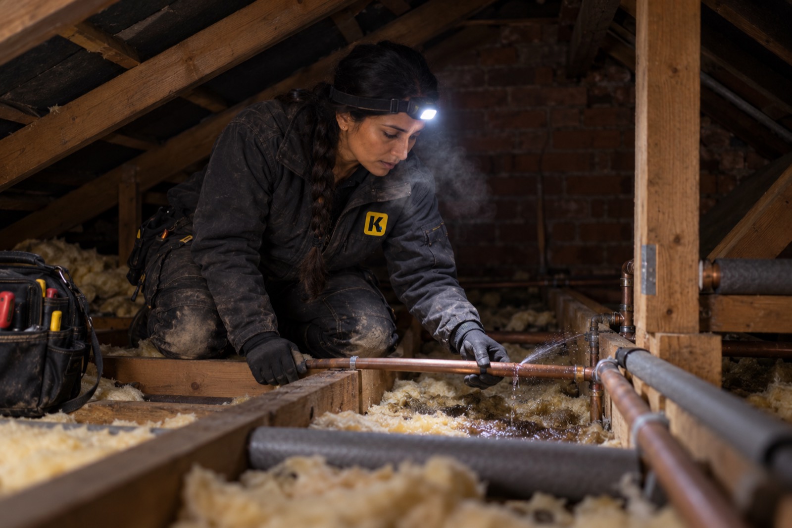 Priya crouched between the joists of a dark loft by head torch, gripping a split copper pipe as water sprays from it into the insulation.