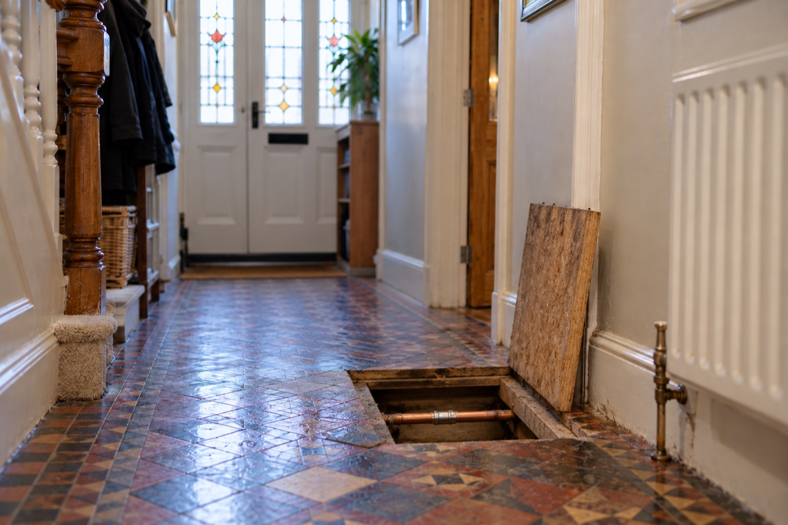 The same tiled hallway with a small section of floor lifted beside the skirting, a new joint showing on the copper pipe beneath.