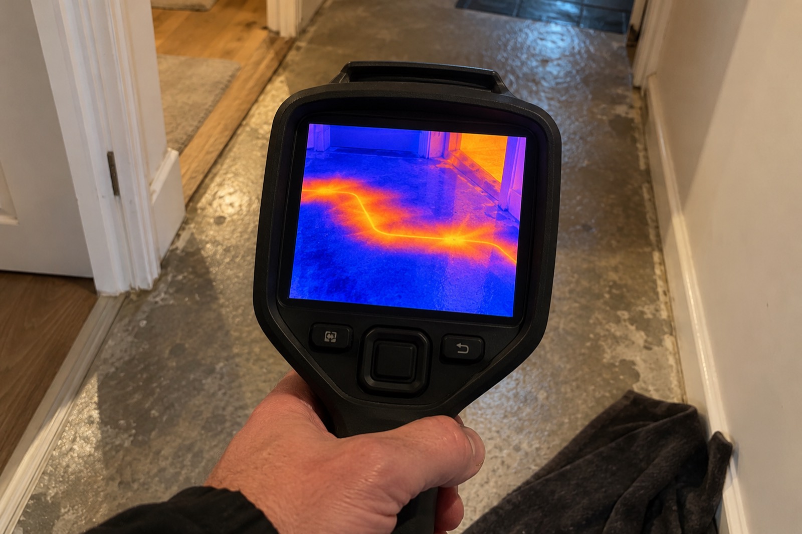 A hand holding a thermal camera over a hallway floor, its screen showing a warm orange streak across the cool blue floor where a pipe runs beneath.