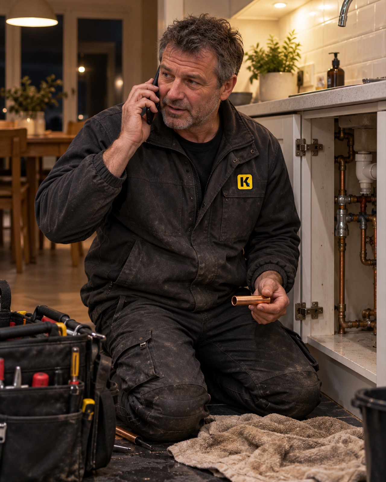 Joe Kearns kneeling on a kitchen floor in the evening beside an open sink cupboard, a phone to his ear and an offcut of copper pipe in his hand.
