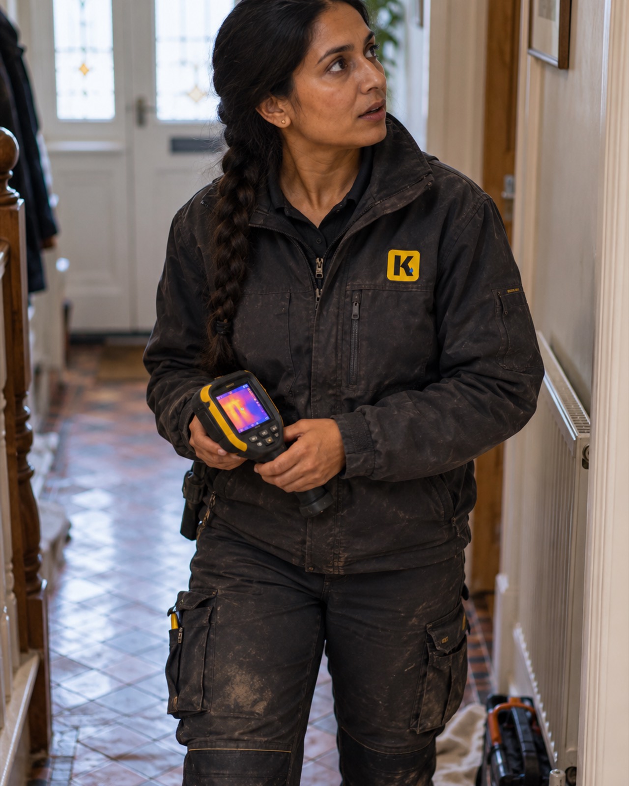Priya Sandhu in a tiled Victorian hallway, a thermal camera in her hands, looking up as if someone has just spoken.