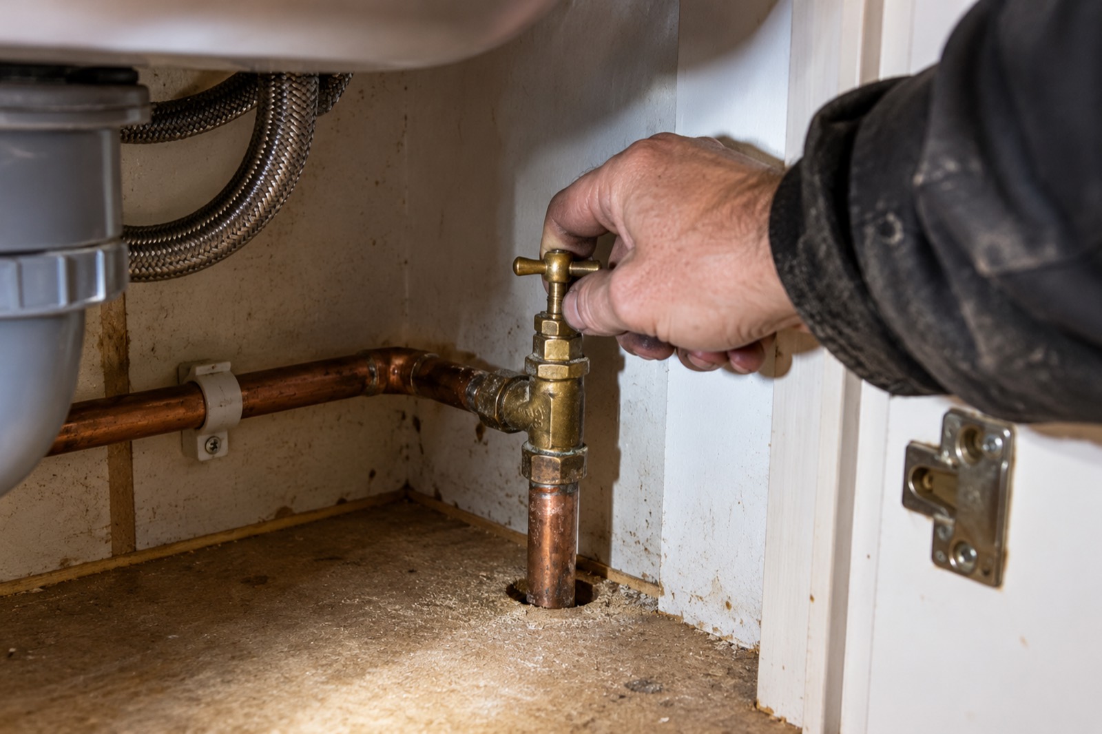 A hand turning the brass stop tap where the water pipe comes up through the floor at the back of an emptied sink cupboard.