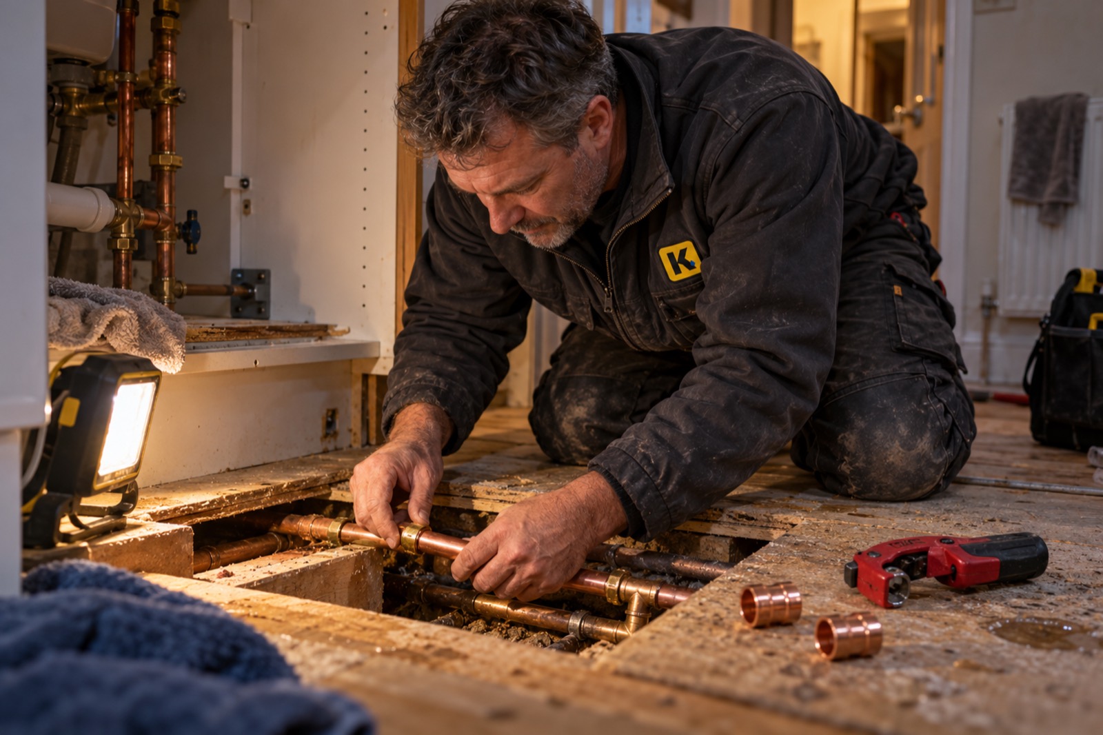 Joe kneeling between lifted floorboards by the light of a work lamp, fitting a new section of copper pipe into the run, a pipe cutter and two fittings beside him.