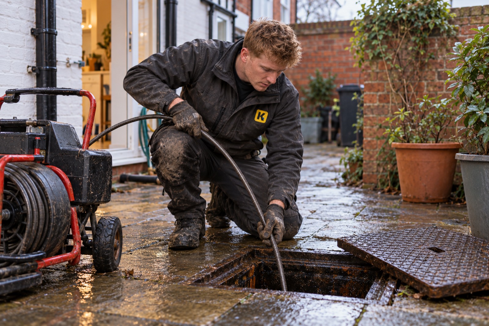 Tom crouched at an open inspection chamber in a wet back yard, feeding a drain-clearing machine's cable into it.