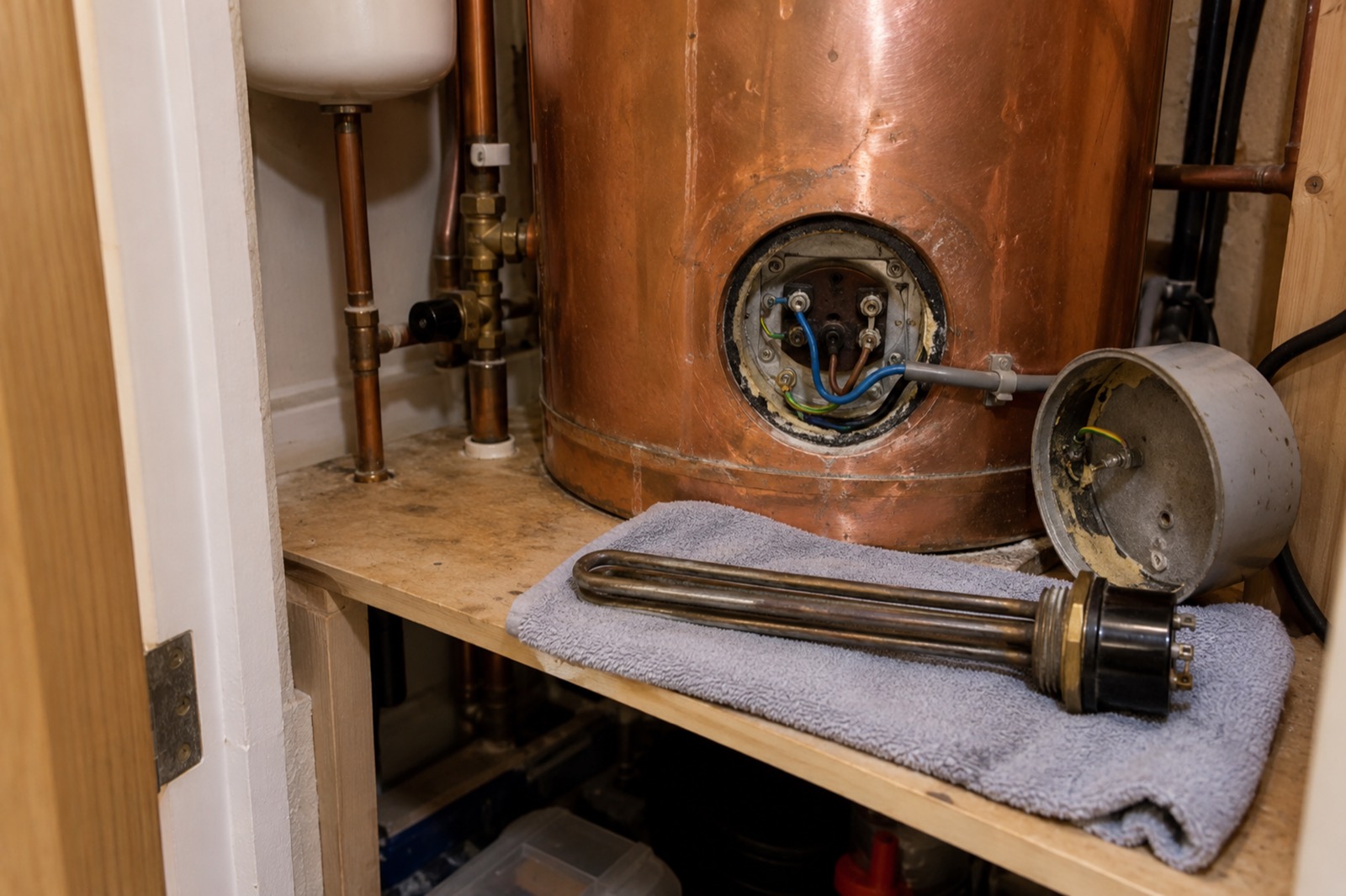 A copper hot-water cylinder in an airing cupboard, its immersion heater taken out and laid on a towel beside it.