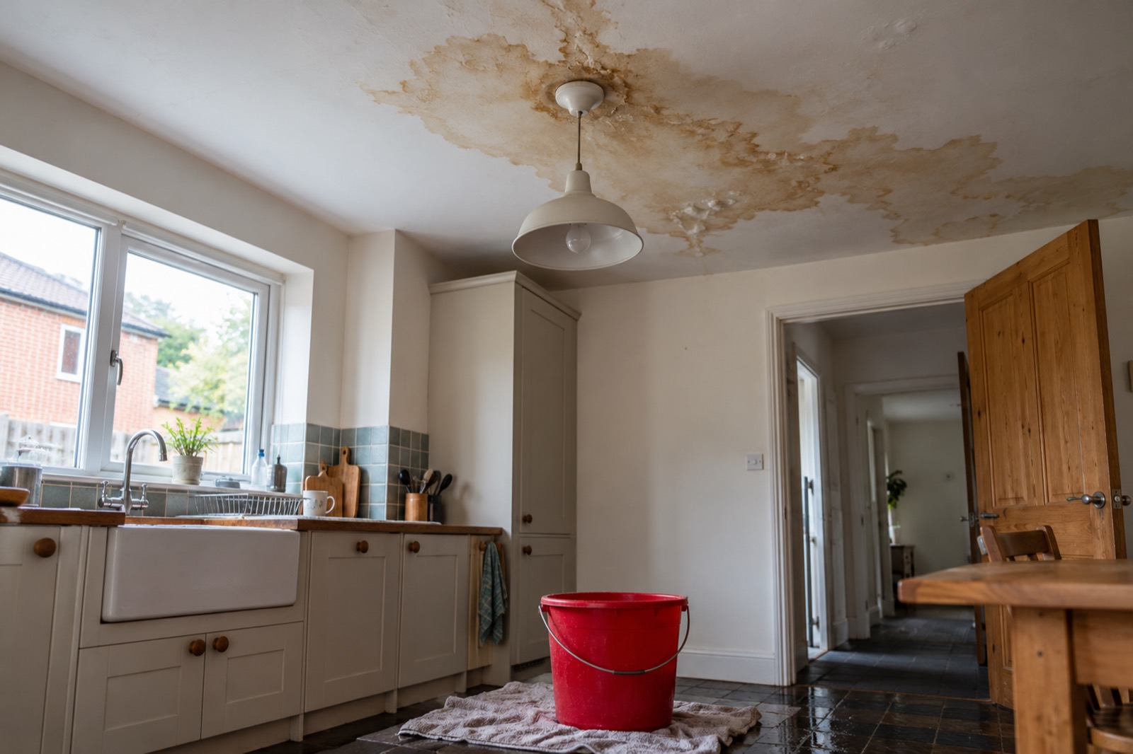 A kitchen ceiling stained brown around its light, with a red bucket on a towel on the floor beneath it.