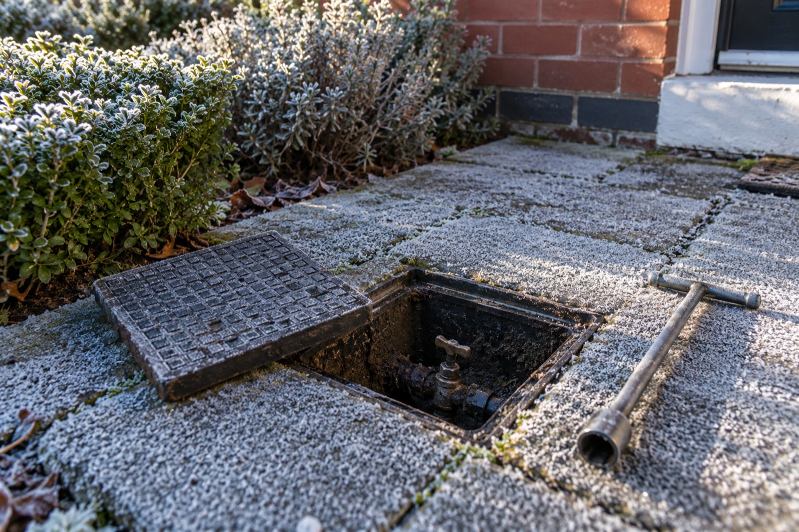 A frosty front path with the small stop-tap cover lifted, the stop tap down inside its box and a long metal key lying beside it.