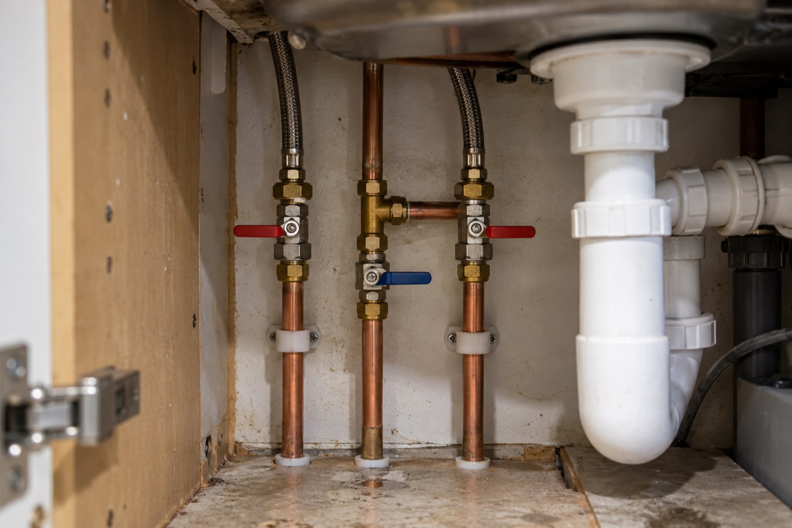 New copper pipework under a kitchen sink with lever valves fitted, each lever turned across its pipe, beside a white waste trap.