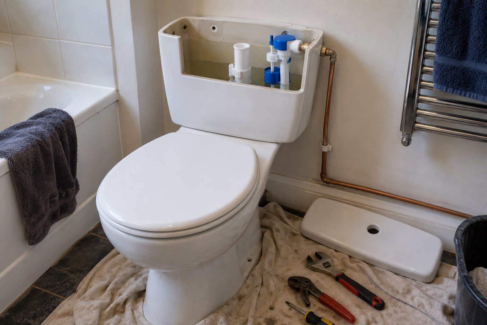 A toilet with its cistern lid off and laid on a dust sheet, the fill valve showing, spanners and grips beside it.