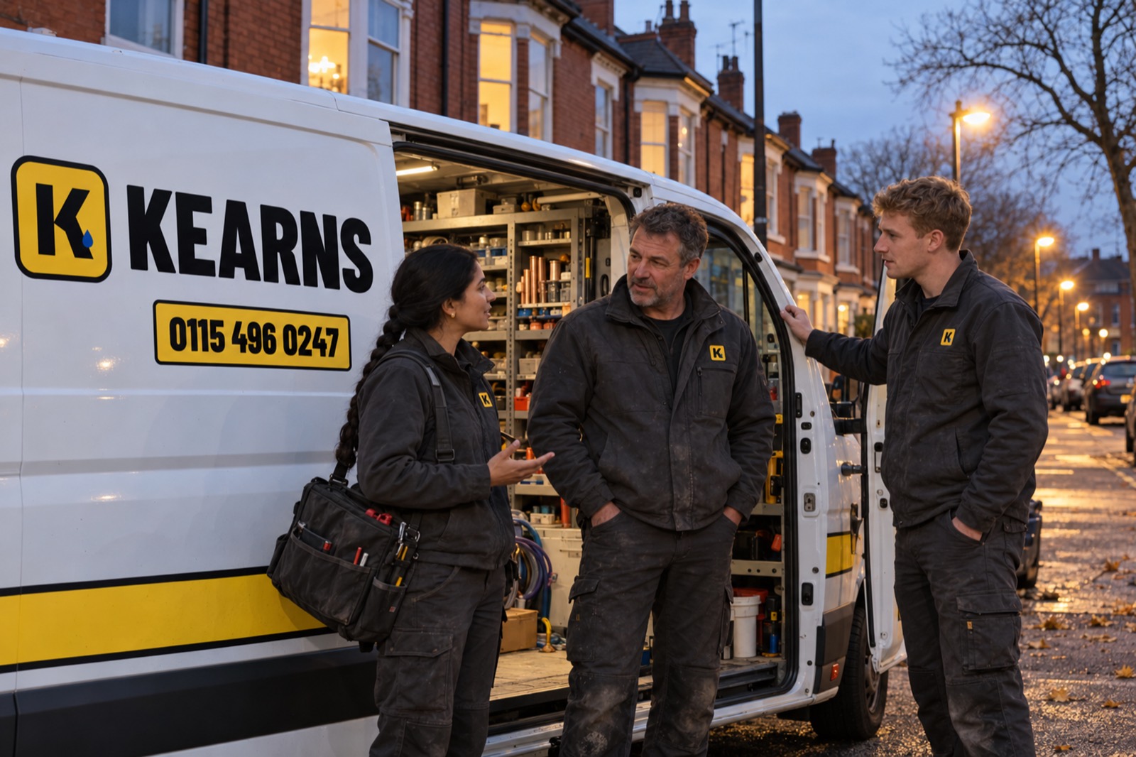 Three Kearns plumbers talking at the open side door of their white van on a terraced street at dusk, the street lamps just on.