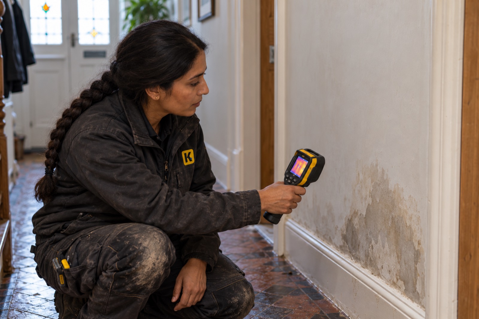 Priya crouching in a tiled hallway, holding a thermal camera up to a damp patch spreading above the skirting board.