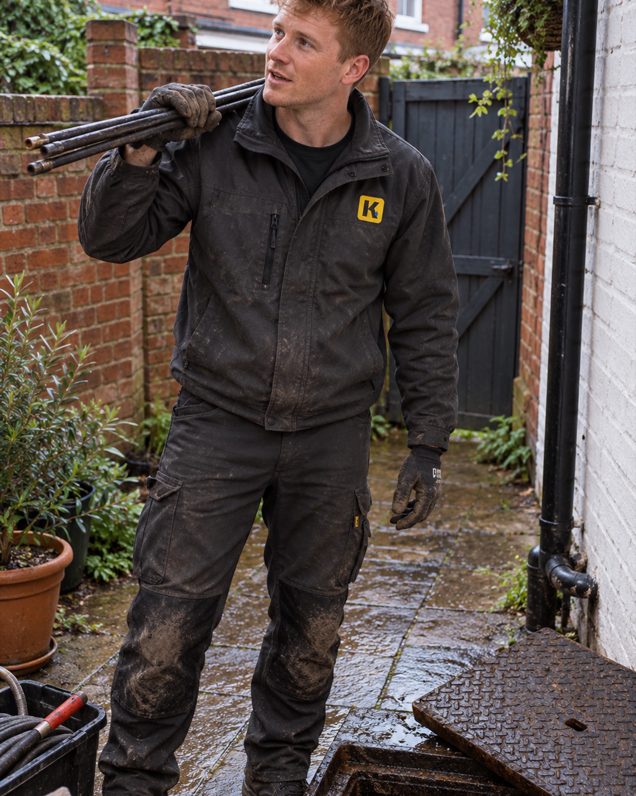 Tom Hadley in a wet back yard with drain rods over his shoulder, beside a lifted inspection chamber cover.