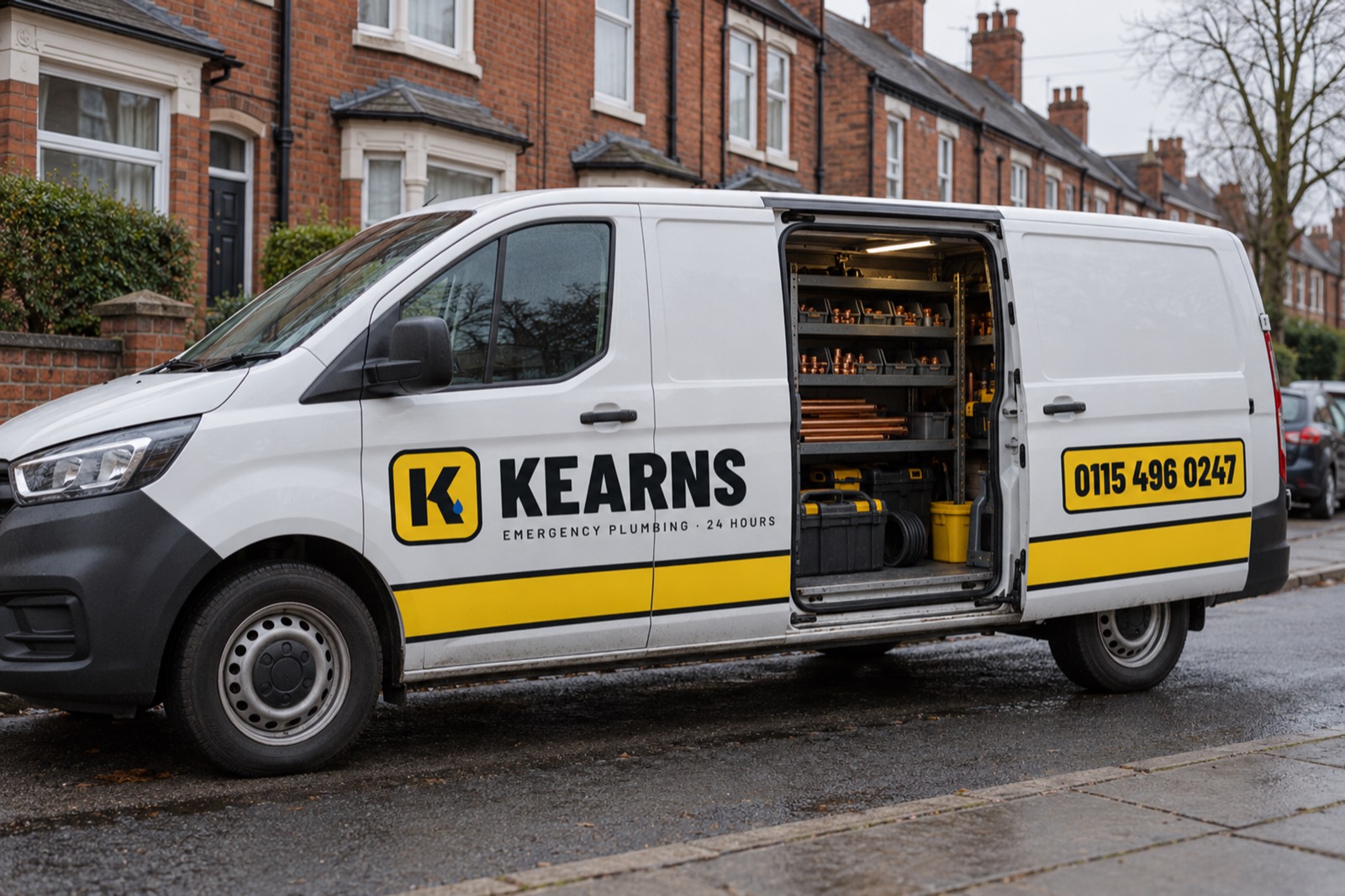 The white Kearns van parked on a wet street of red-brick terraces, its side door open on racks of copper fittings.