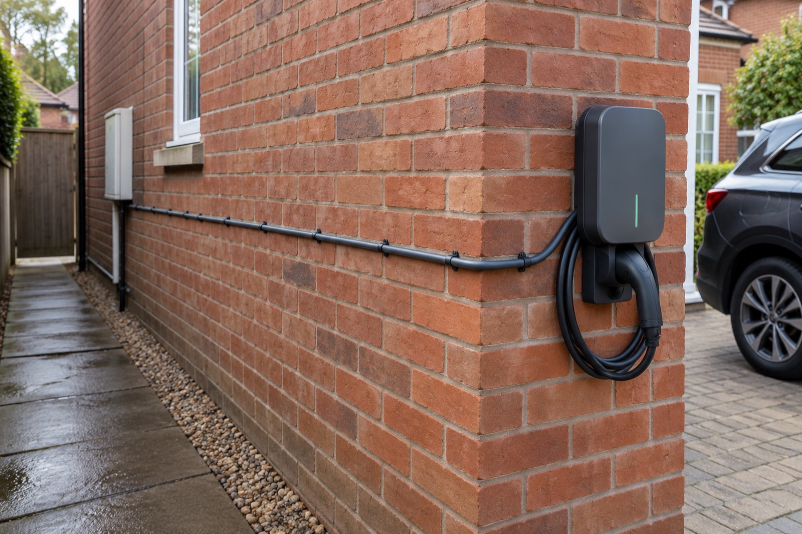 A grey cable clipped straight along a red-brick wall and round the corner to a charger beside a drive.
