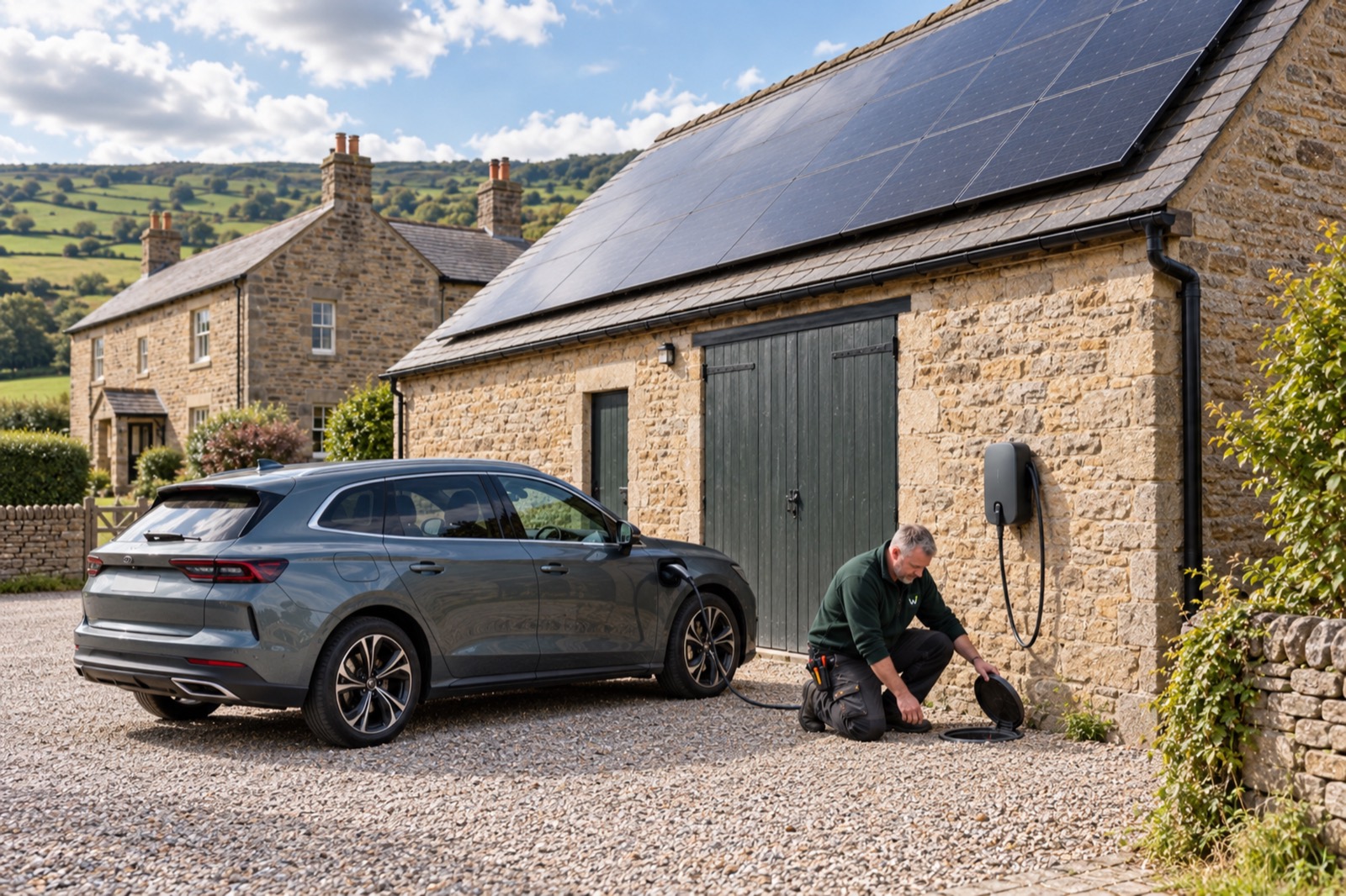 An electrician kneels by a small inspection pit at the foot of a stone barn with solar panels, a charger on its wall and a grey car charging on the gravel.