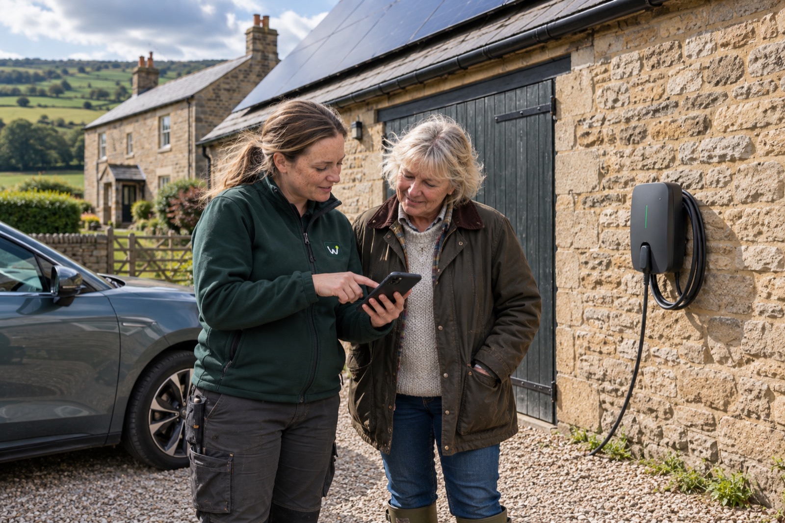 Hannah showing the farm's owner the solar setting on her phone beside a stone barn, the charger on the wall behind them.