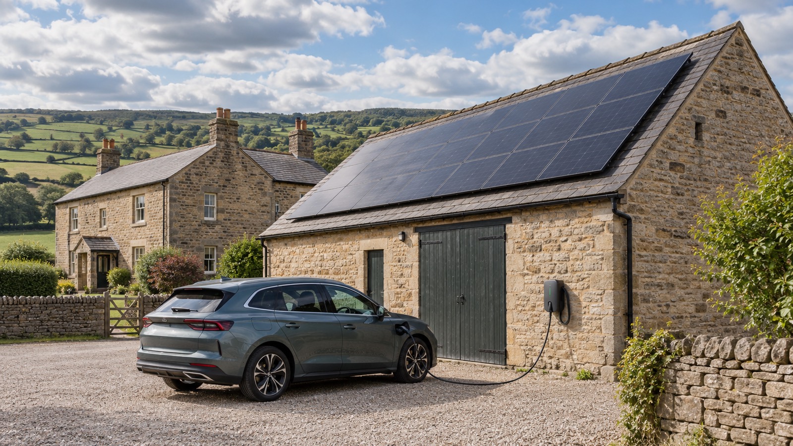 A stone barn with solar panels on its roof and a charger on its wall, a car charging in the gravel yard and a farmhouse beyond.