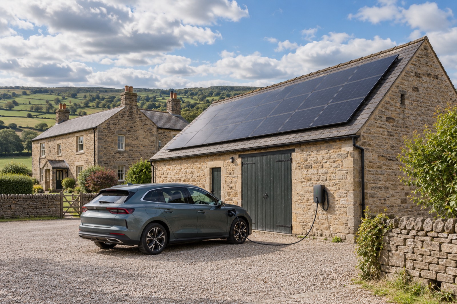 A stone barn with solar panels on its roof and a charger on its wall, a car charging in the gravel yard and a farmhouse beyond.
