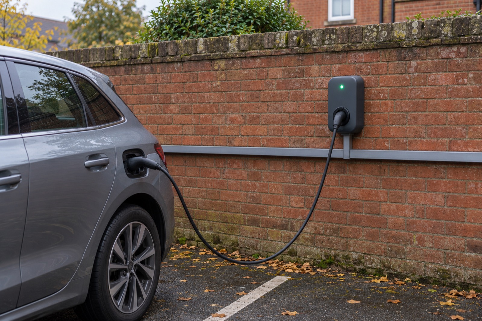 A charger on a car park's brick wall with a car plugged into it and the trunking running behind.