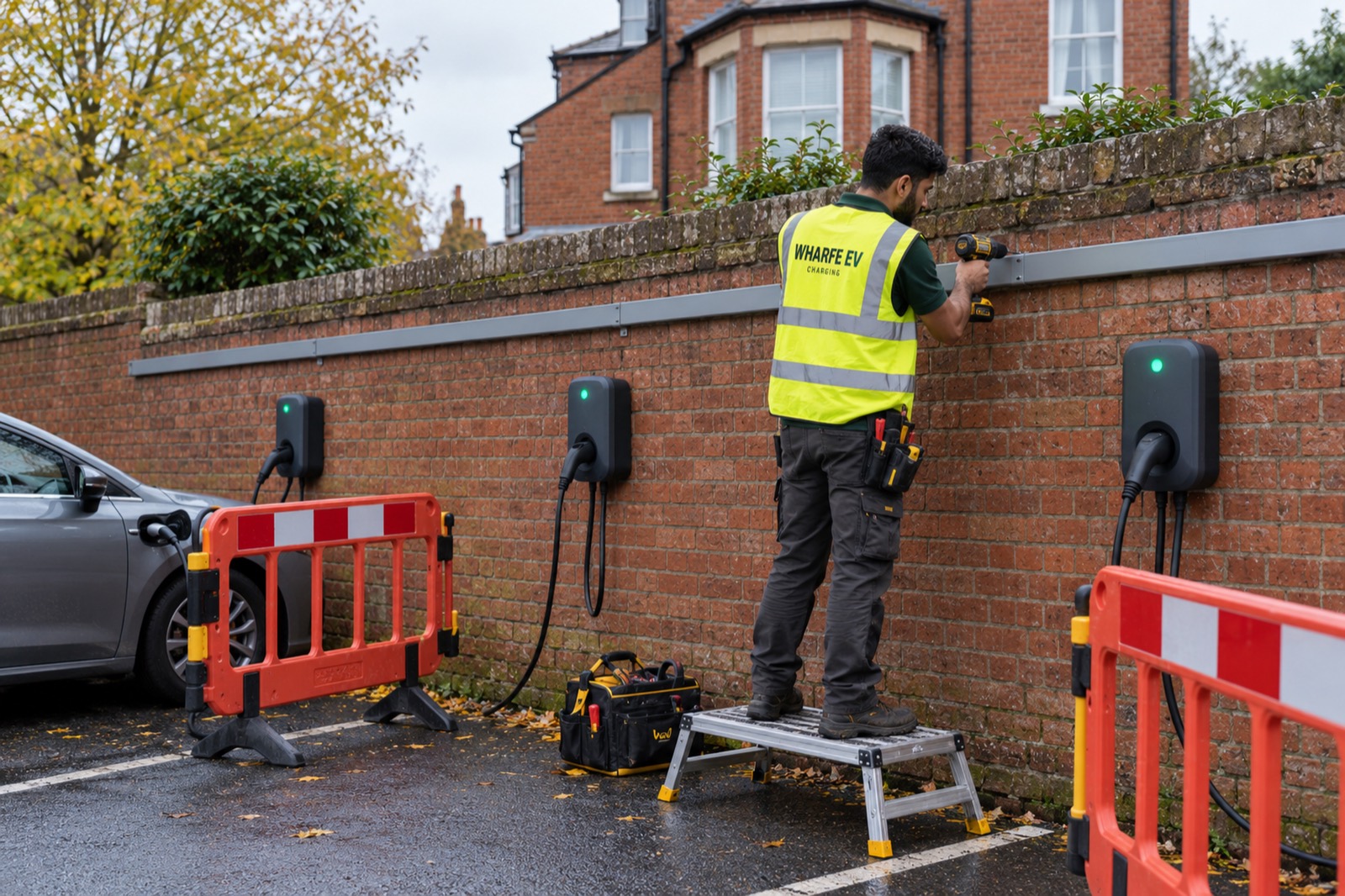 Imran in a hi-vis vest fixing trunking along a car park's brick wall from a step, barriers round the bay.