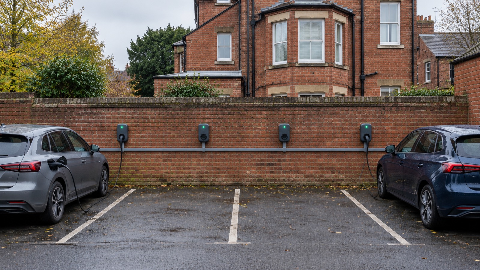 Four chargers along the brick wall of a residents' car park behind a red-brick Victorian villa, two cars charging.